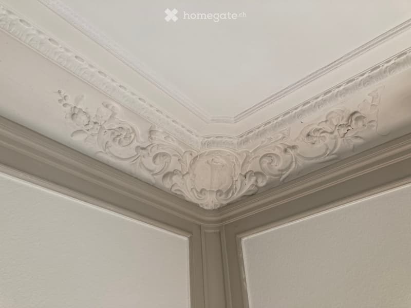 Close-up view of an ornate ceiling with intricate plasterwork and floral designs, featuring symmetrical patterns and a central medallion.