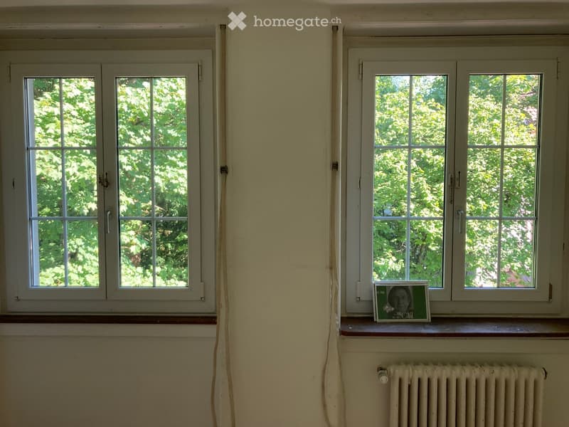 Empty room with two windows showing greenery outside, a radiator below one window, and a small framed picture on the windowsill.