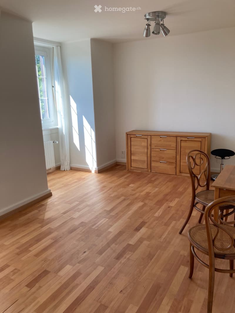 Bright room with wooden flooring, a wooden cabinet, and two chairs near a small table.