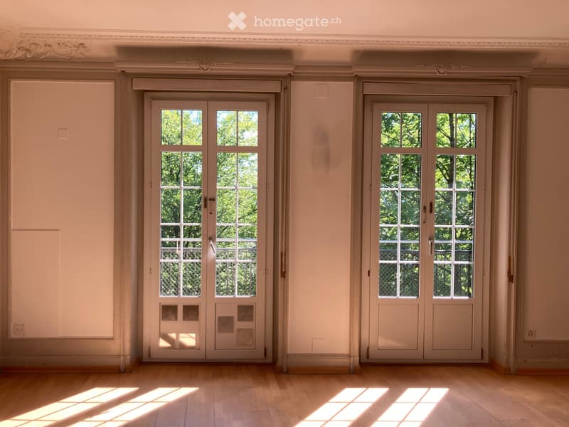 Empty room with light-colored walls, wooden floor, and two large double doors with glass panels leading outside.