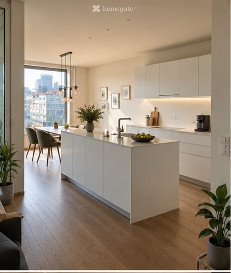 Modern kitchen with white cabinetry, island, pendant lights, and a view of the city through large windows. Includes a coffee maker, chairs, and plants.