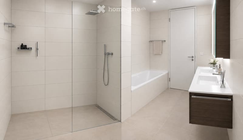 Modern bathroom with a bathtub, double sink, large mirror, glass shower enclosure, and a towel on a rack.