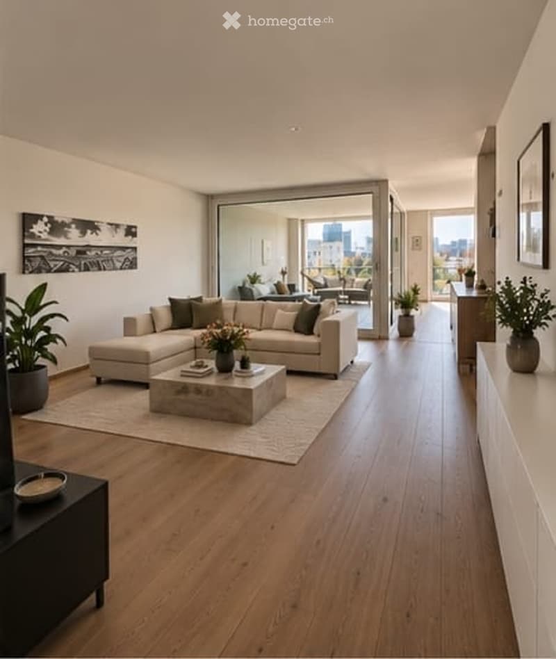 Modern living room with light wooden flooring, large sectional sofa, coffee table, side table, and plants. Large windows offer a city view.