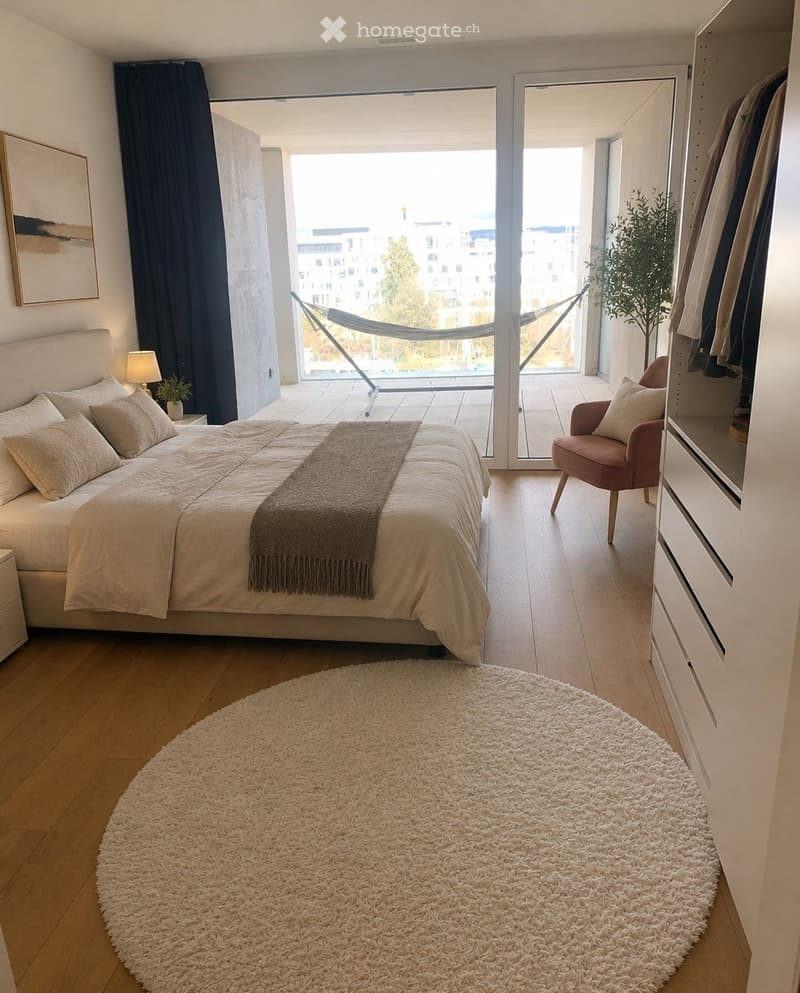 Modern, well-lit bedroom with a large bed, nightstand, round rug, pink armchair, and a view of the city through large windows. Features a hammock on the balcony.