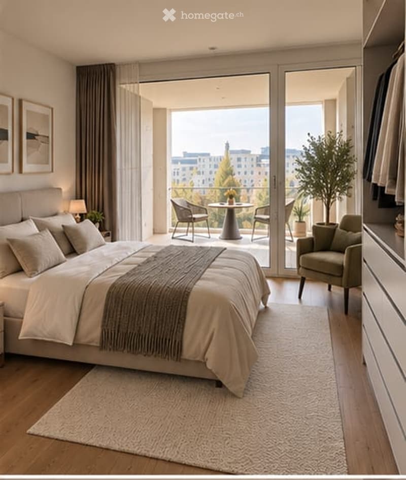 Modern bedroom with large windows offering a city view, a neatly made bed, nightstand, armchair, small table with chairs, and a potted plant near the balcony door.