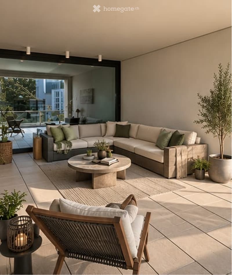 Modern balcony with a grey sectional sofa, coffee table, and potted plants, featuring large glass doors leading to an indoor space.