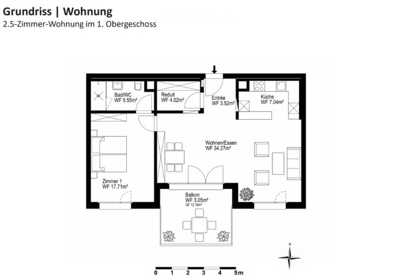 Floor plan of a 2.5-room apartment on the first upper floor, including a living/dining area, kitchen, bedroom, bathroom, and balcony.