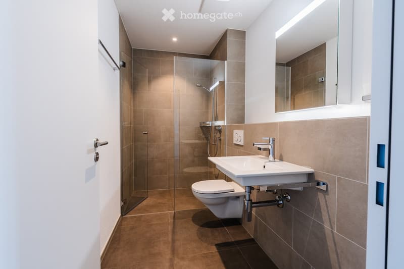modern bathroom with shower, toilet, sink, mirror, tiled walls and floor