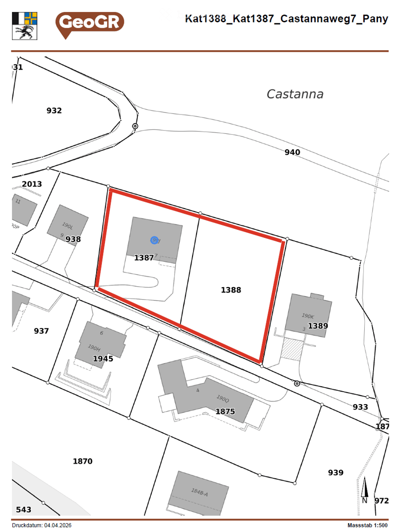 Floor plan map showing property boundaries and surrounding land plots in Castannaweg7, Pany. The highlighted property is marked with red outline and labeled as Kat1388_Kat1387_Castannawweg7_Pany.