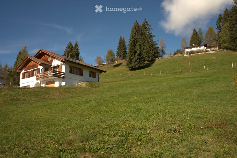 A two-story house with a wooden balcony and white exterior, situated on a grassy hill surrounded by trees and another house in the background.