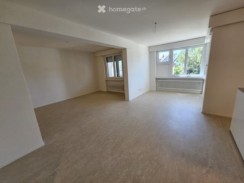 {"visible_features":[],"type":"Room","description":"The image shows a spacious, empty room with white walls and a large window overlooking a green outdoor area. The room has a hardwood or laminate floor and appears to be in a residential or office setting