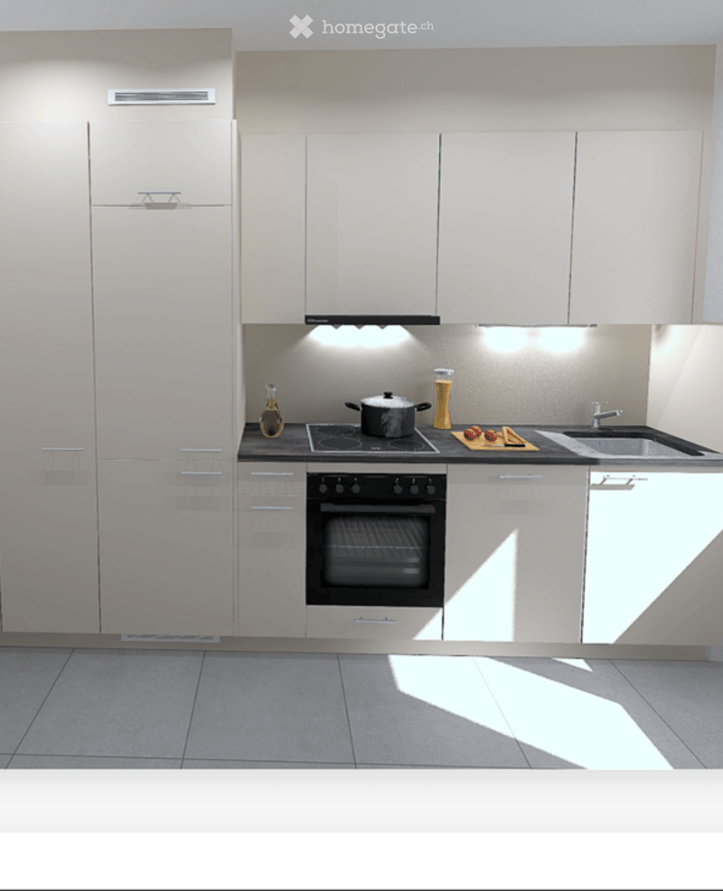 Modern kitchen with light-colored cabinets, stainless steel appliances, and a sleek design. Features an oven, sink, and countertop with a few decorative items.