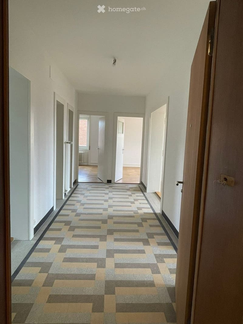 A long, narrow hallway with a geometric patterned carpet in shades of gray and beige, white walls, and several doors leading to other rooms.