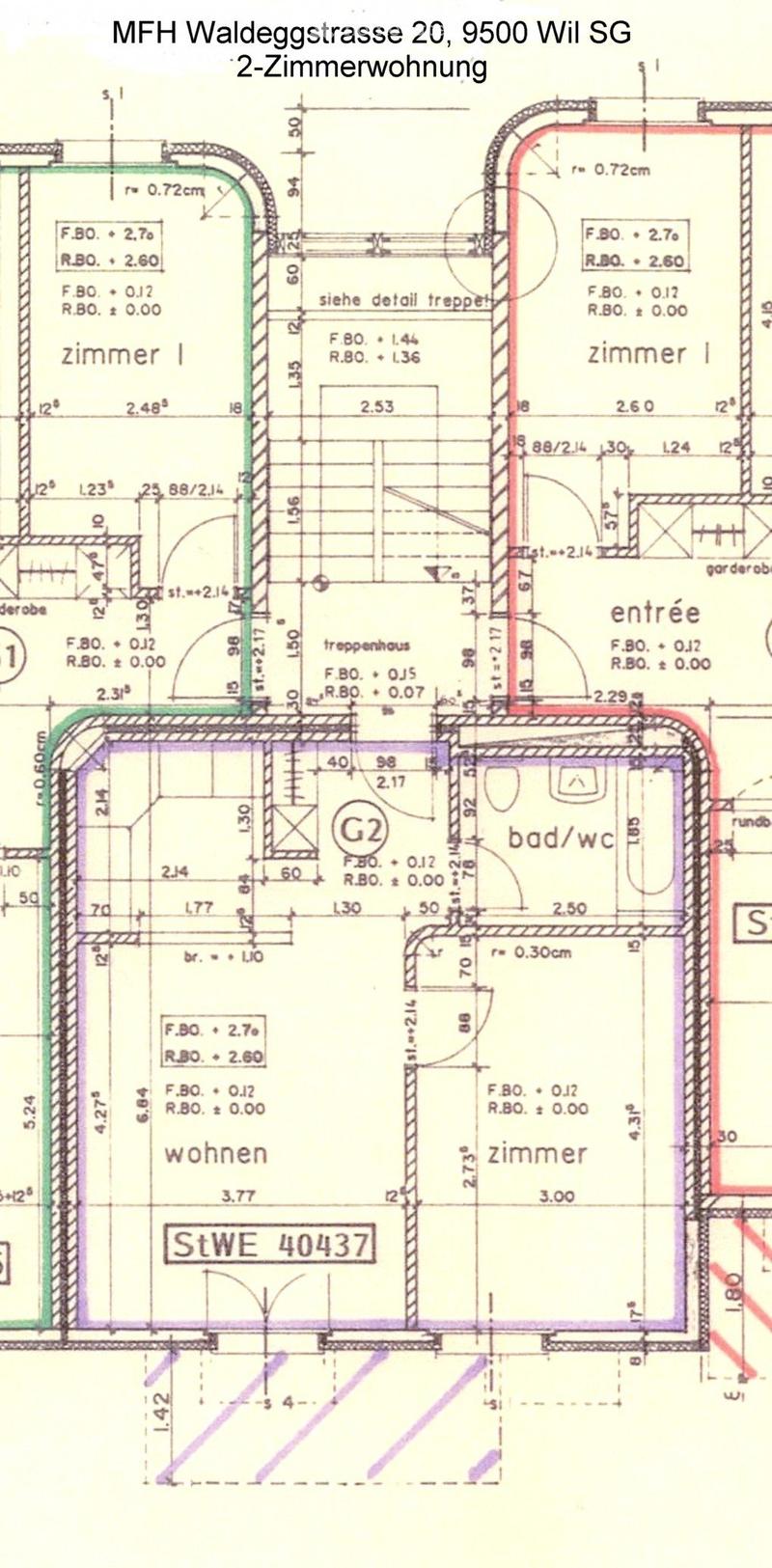 Floor plan of a 2-room apartment with labeled dimensions, including a living area, two bedrooms, a bathroom/WC, and an entrance area.