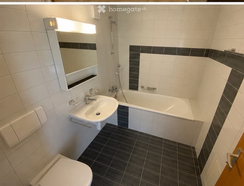 Modern bathroom with white tiles, a sink, bathtub, mirror, and toilet. Features a dark grey accent border around the bathtub and a sleek, contemporary design.