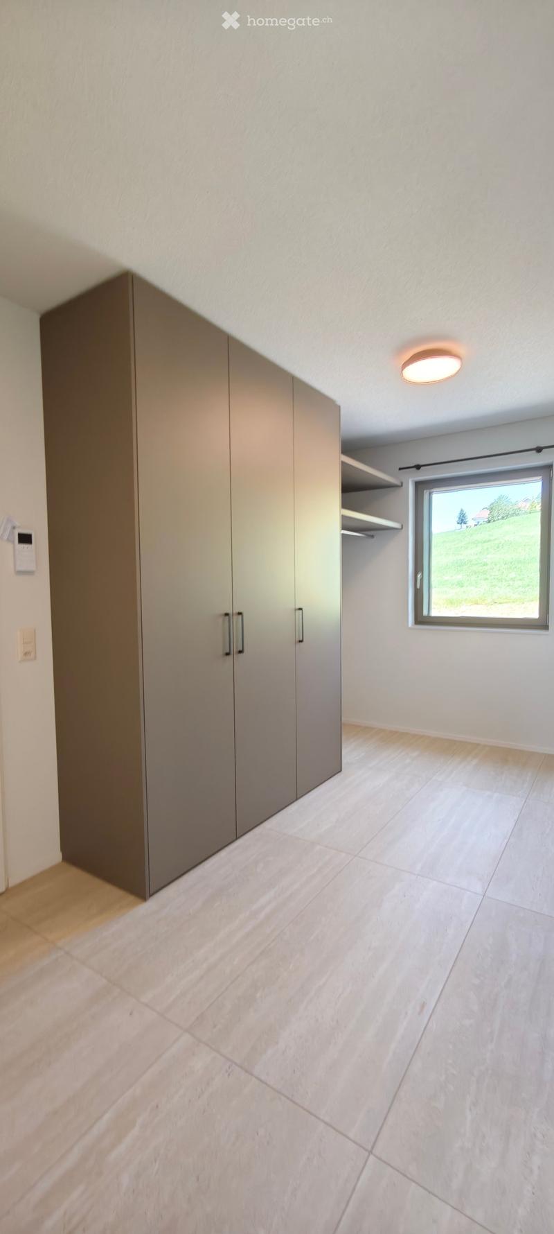 Empty room with light-colored walls, wooden flooring, built-in closet, and a window showing a green landscape view.