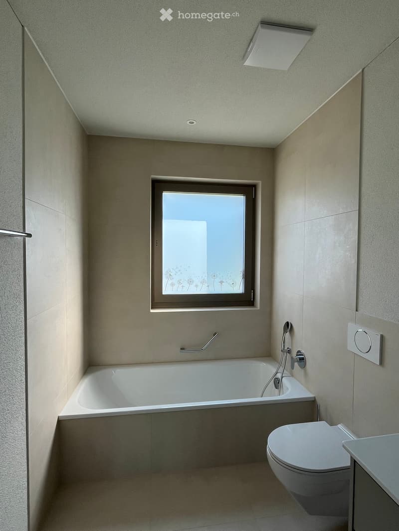 Modern bathroom with a bathtub, toilet, showerhead, and a window with a decorative glass design.