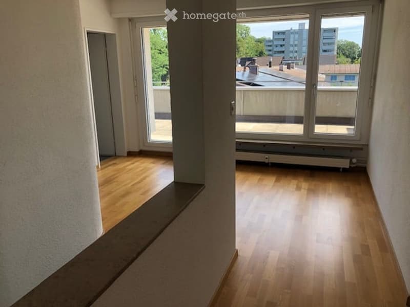 Empty room with a wooden floor, white walls, two large windows with a balcony view, a wooden shelf, and a hallway.