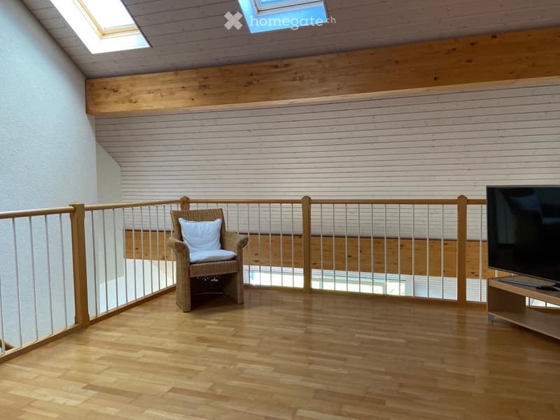 Bright, wooden-floored room with a wicker chair, pillow, TV stand, and TV. The room features a wooden railing and skylights.