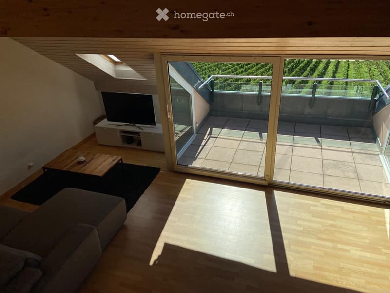 Modern living room with wooden flooring, large sliding glass doors leading to a balcony, a grey sofa, a coffee table, and a TV stand.