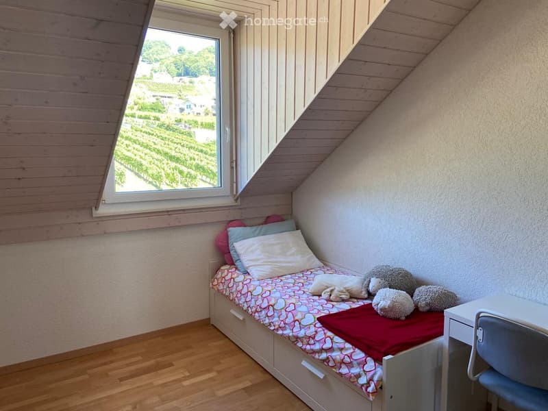 Cozy attic bedroom with a single bed, colorful bedding, pillows, and a small desk with a chair. Large window offers a view of a vineyard.