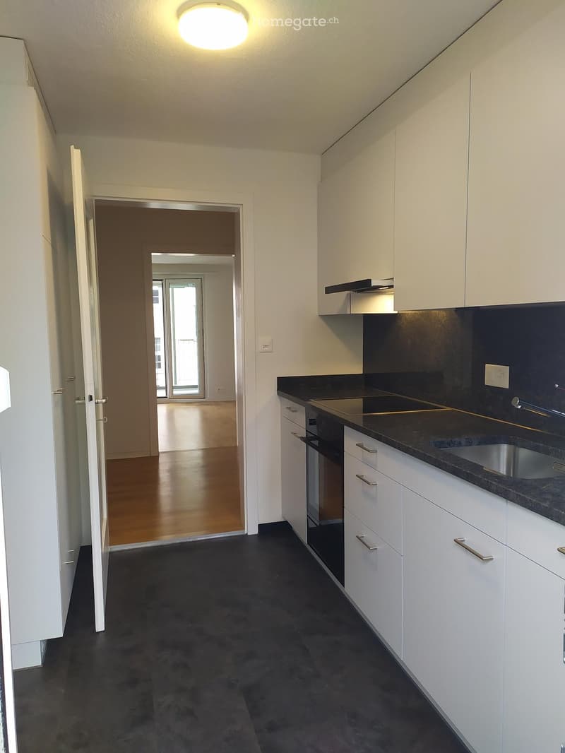 modern kitchen with white cabinets, black countertops, stainless steel sink, dishwasher, washing machine, induction cooktop, and a glass door leading to a hallway