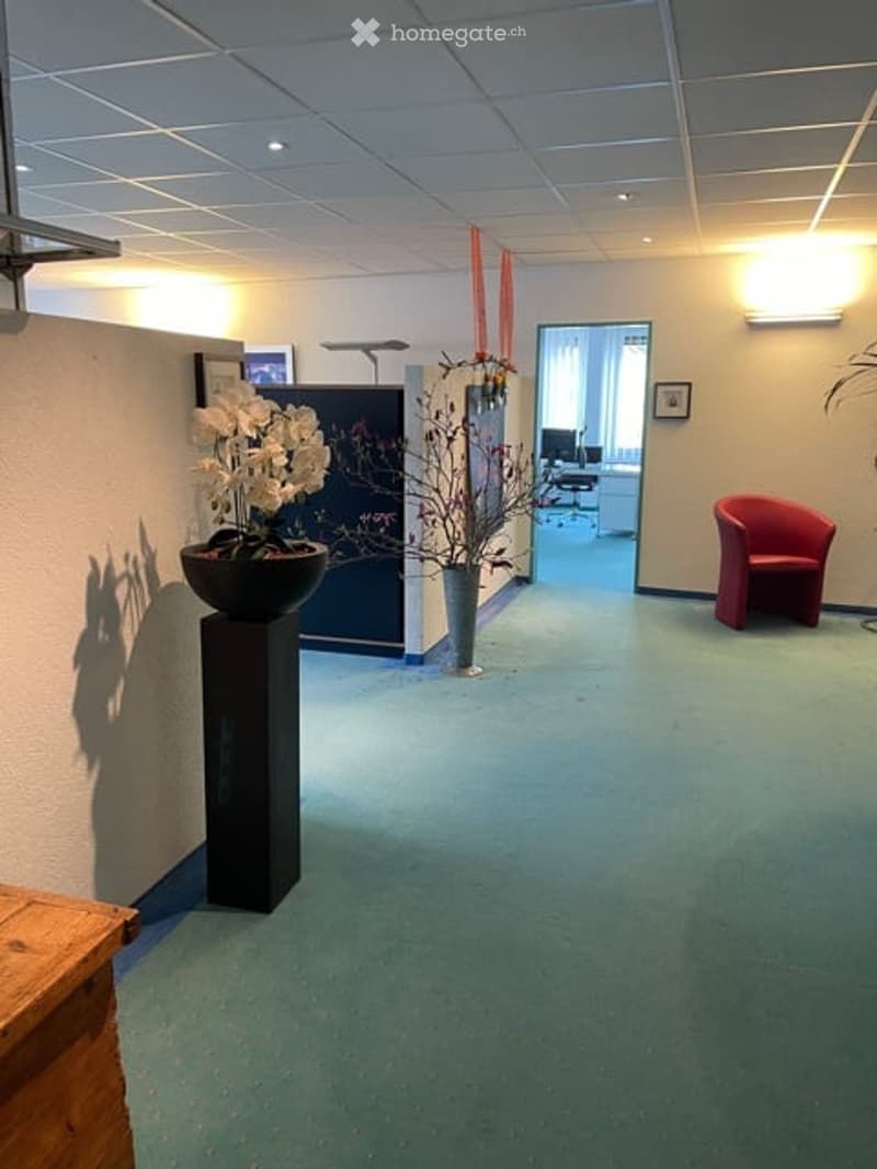 empty office hallway with 2 vases of flowers and a red chair