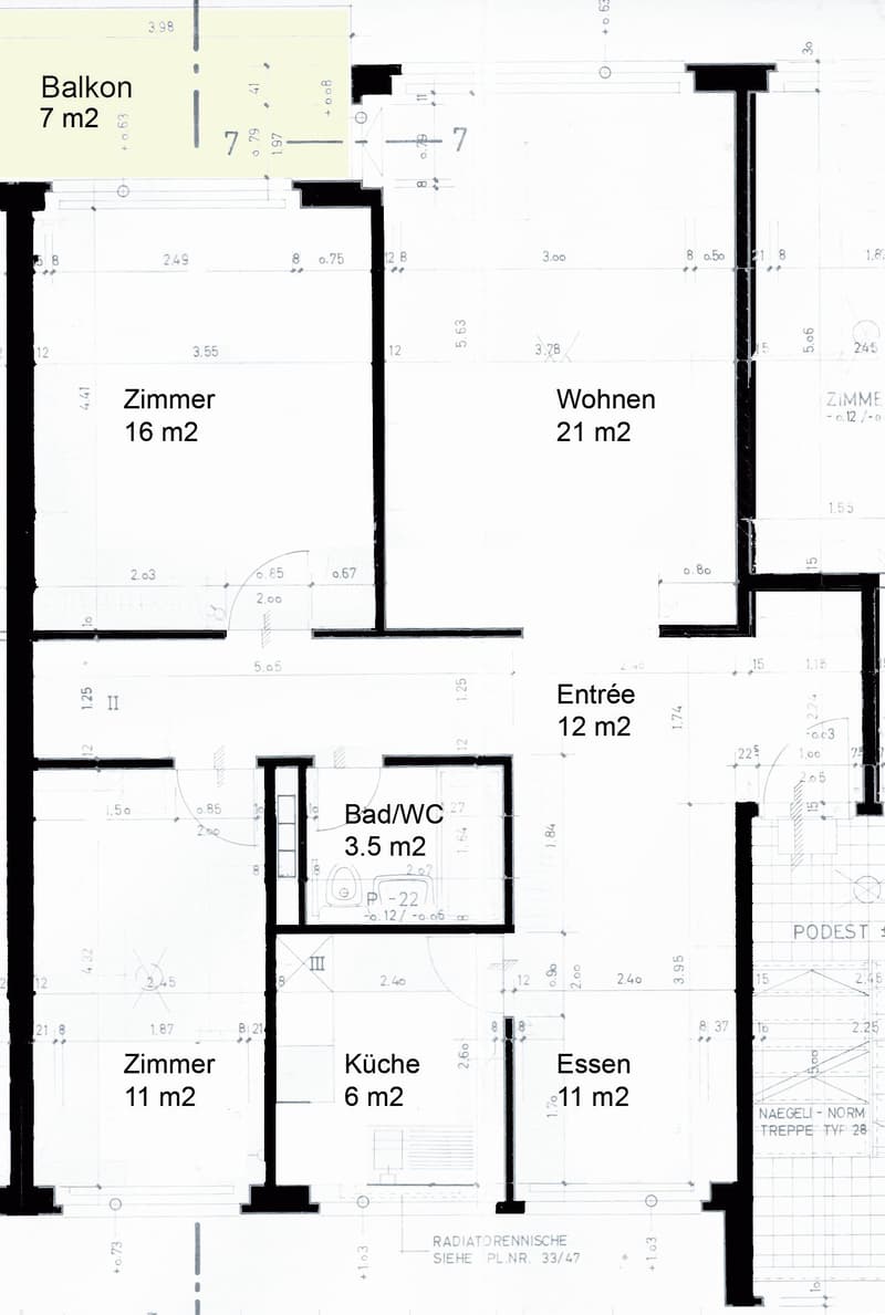 Floor plan showing a balcony, living area, bedroom, kitchen, dining area, bathroom, and entrance.