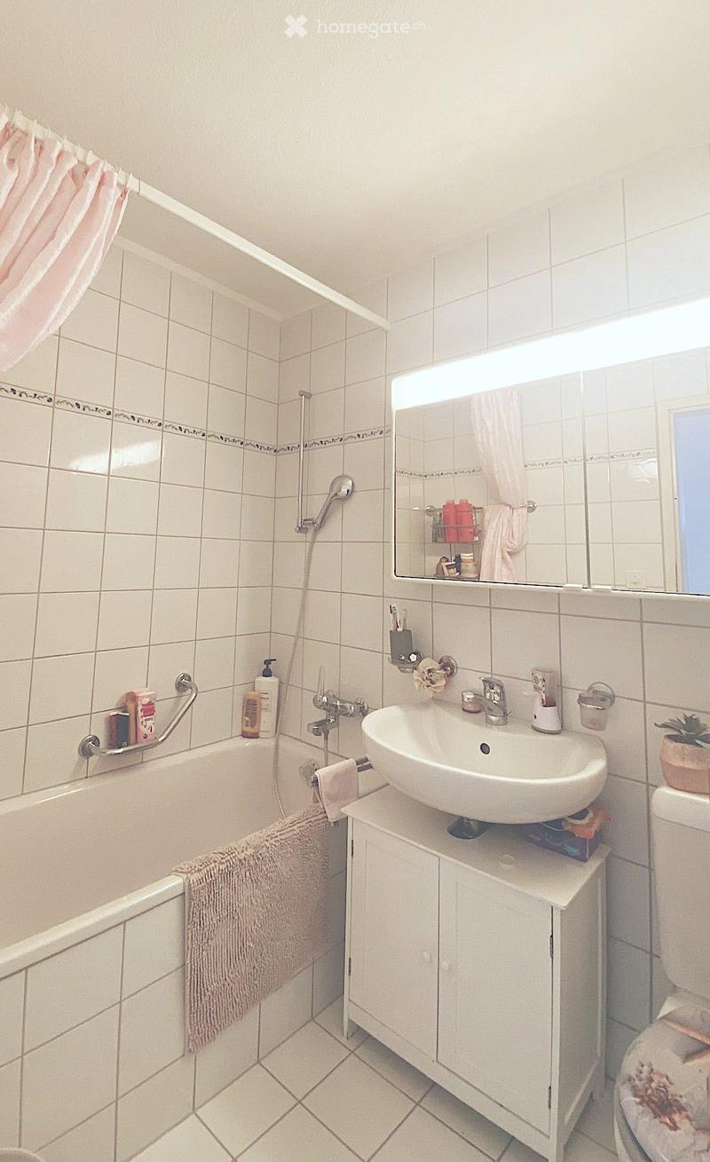 Bathroom with a white sink, mirror, bathtub, and toilet. The sink has a modern faucet and a small cabinet underneath. A towel hangs on the side of the bathtub, and a showerhead is visible above the tub. The walls are tiled in light beige with a decorative