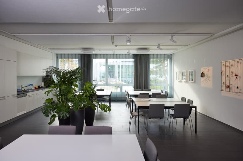 Dining area with long tables, grey chairs, white table tops, black floor, windows with curtains, artwork on the wall, potted plants, and kitchen area