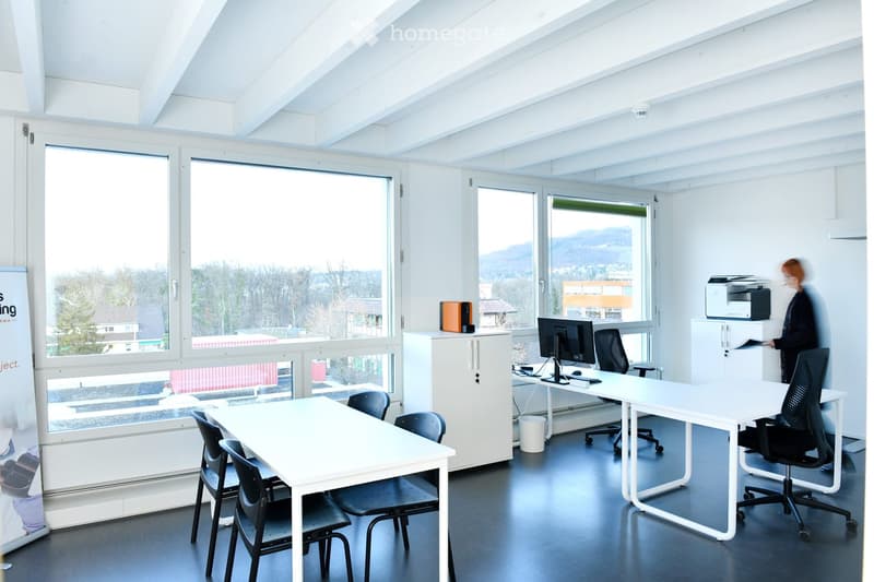 white walls, desks, chairs, printer, trash bin, monitor, large windows, outdoor view