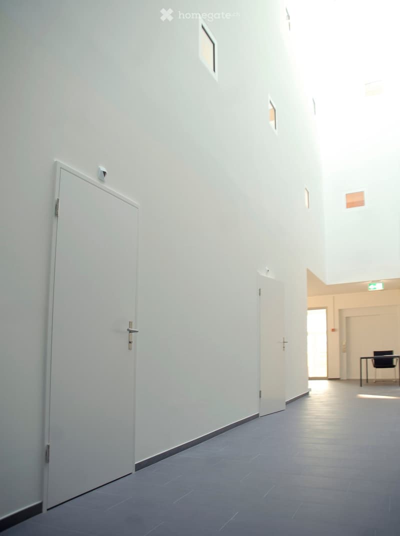 Empty corridor, two white doors, square gray tiles, square window cut outs, two windows at end of hallway