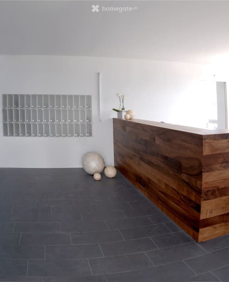 Wooden reception desk, large grey tiles on the floor, white walls, grey locker wall in the background, white flower pot on the desk, decorative grey balls on the floor