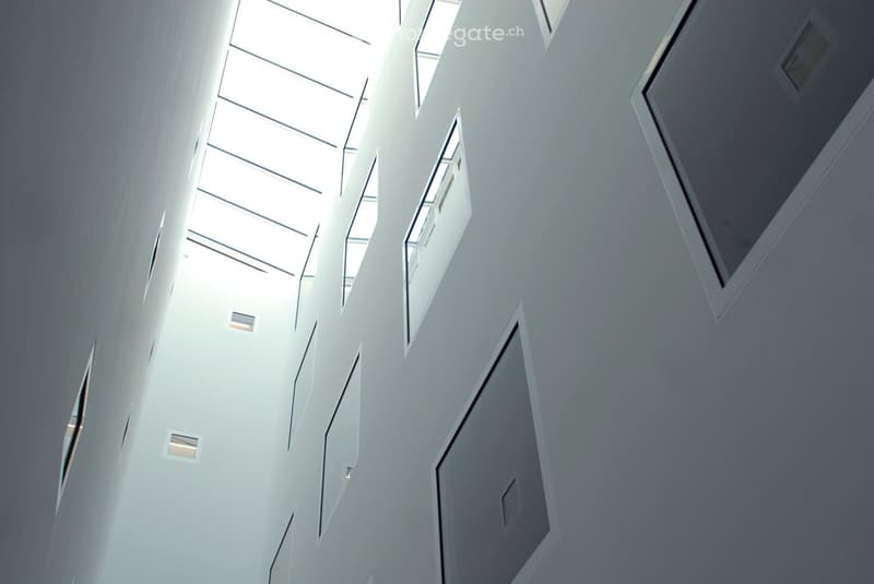Modern building, white walls, several windows, skylight