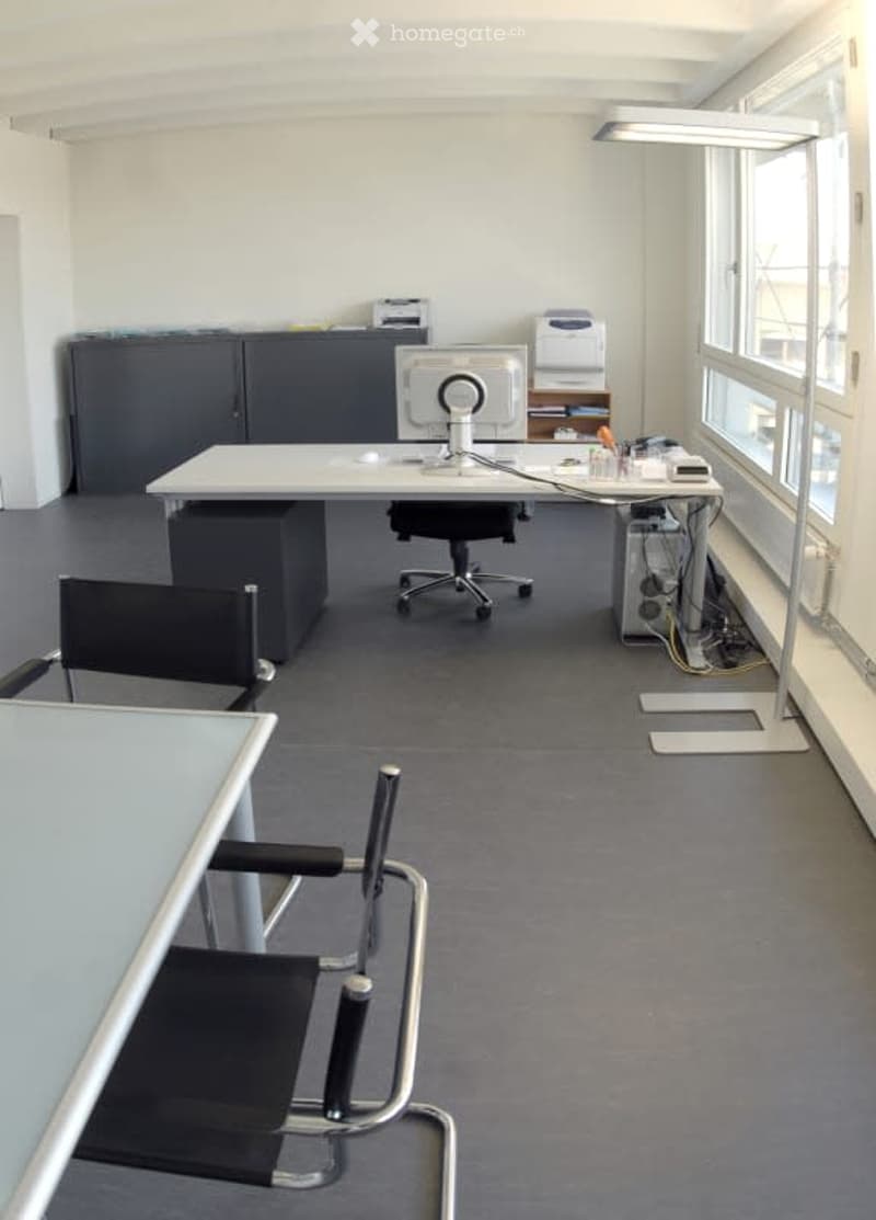 Office desk, printer, chair, cables, floor