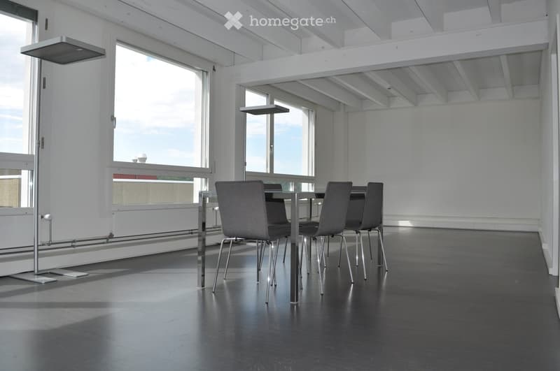 white walls, floor and ceiling, floor lamp, window, table and chair set, gray chairs