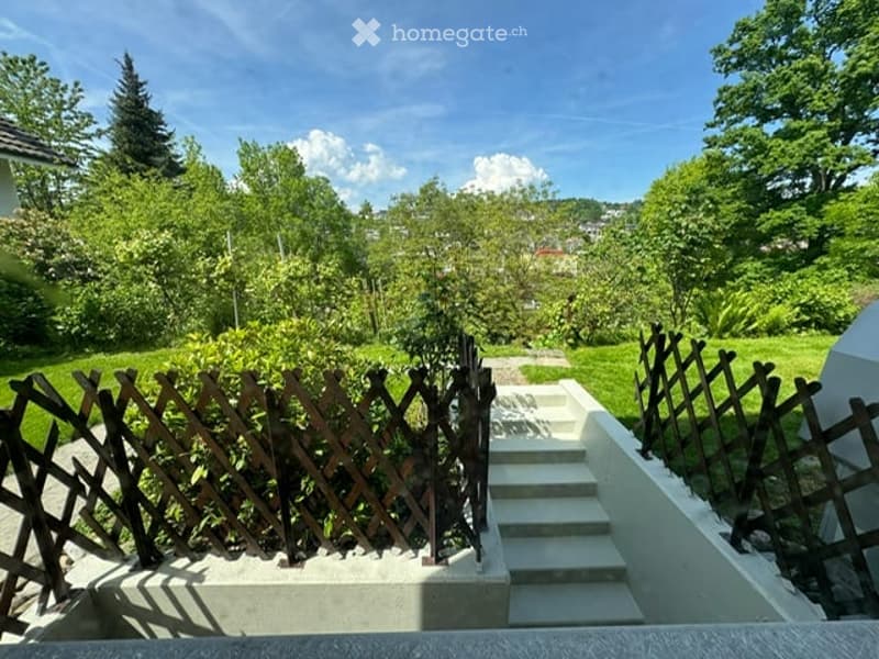 Garden area with raised ground floor, wooden fence, steps leading up, lush greenery, and trees.