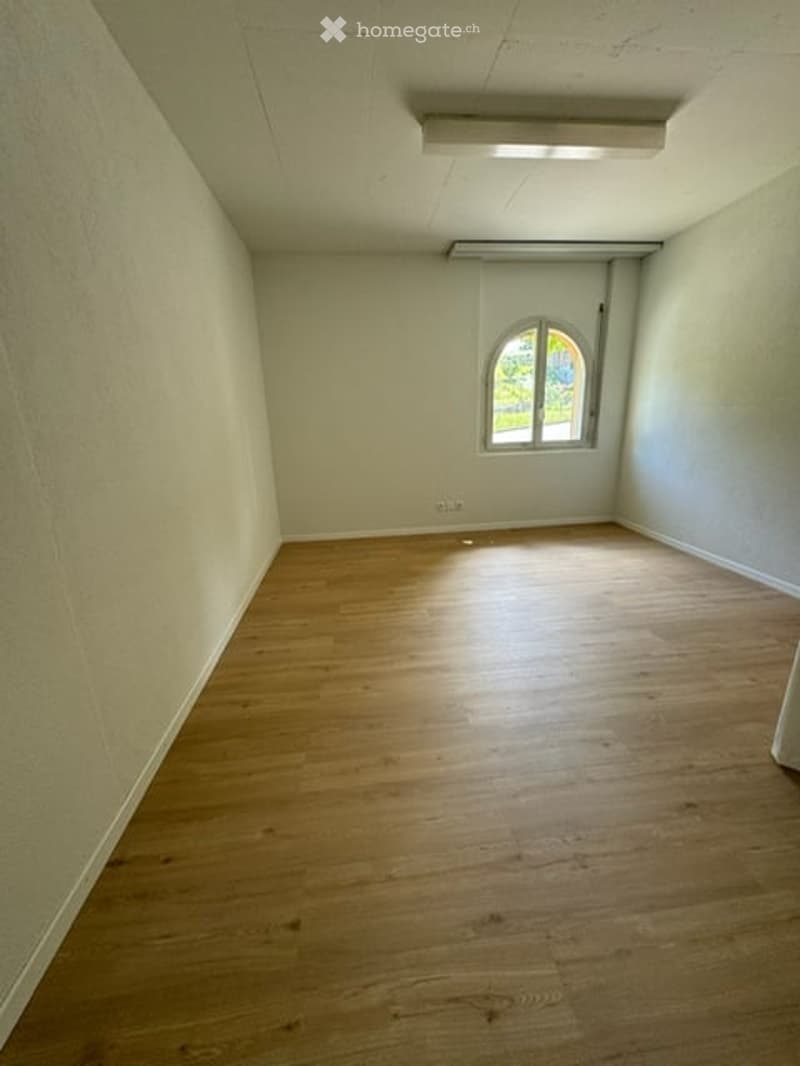 Empty room with wooden flooring and white walls, featuring a single arched window allowing natural light to enter.