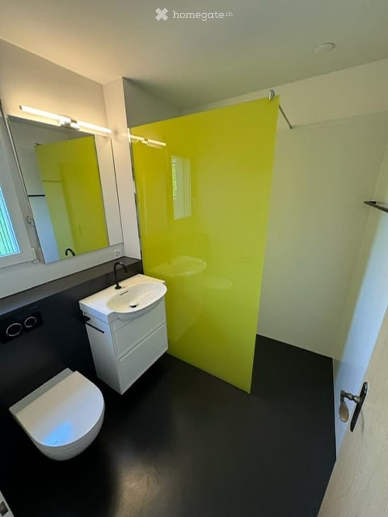Modern bathroom with black flooring, white sink, mirror, and a bright yellow shower enclosure.