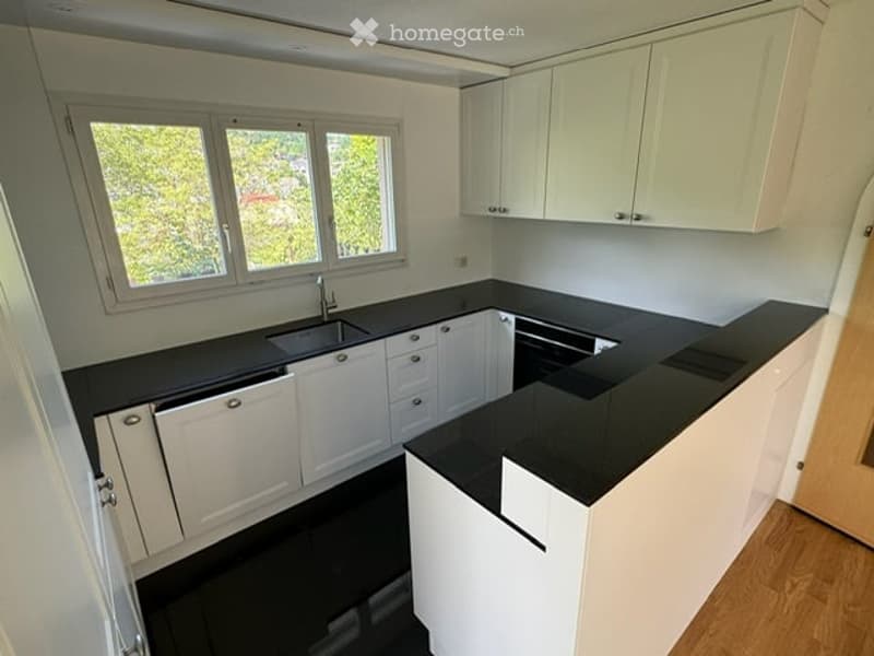 Modern kitchen with white cabinets, black countertops, and a stainless steel sink and faucet.