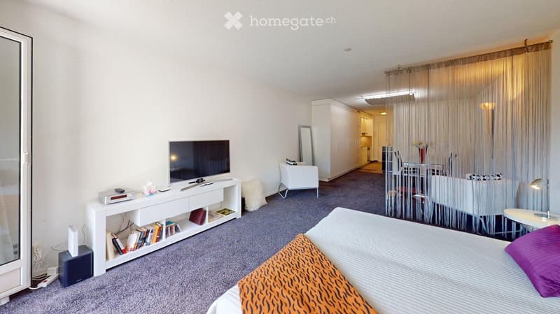 Modern furnished room with a bed, television, shelf with books, and a small seating area with a chair and table.