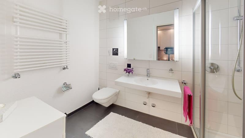 Modern bathroom with white tiles, a sink, toilet, mirror, and a glass-enclosed shower. A pink towel hangs on the shower door, and a small flower vase sits on the sink counter.