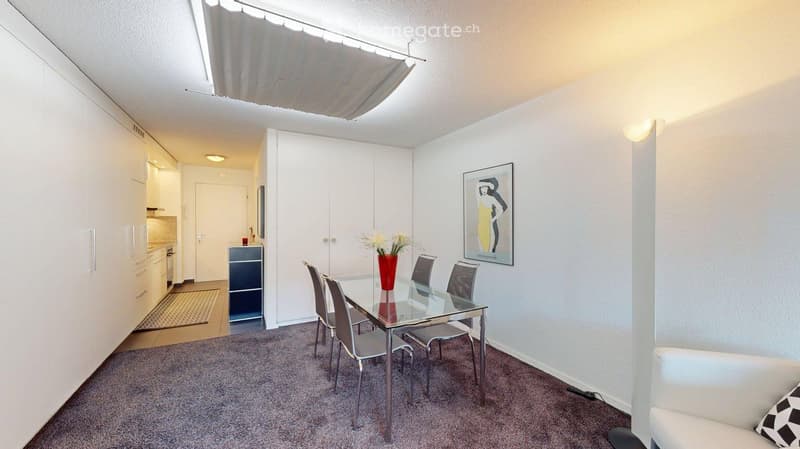 Modern, open-concept living and dining area with a white sofa, glass dining table with four chairs, a vase with flowers, and a framed picture on the wall. The space includes a small kitchen area with cabinets and a refrigerator.