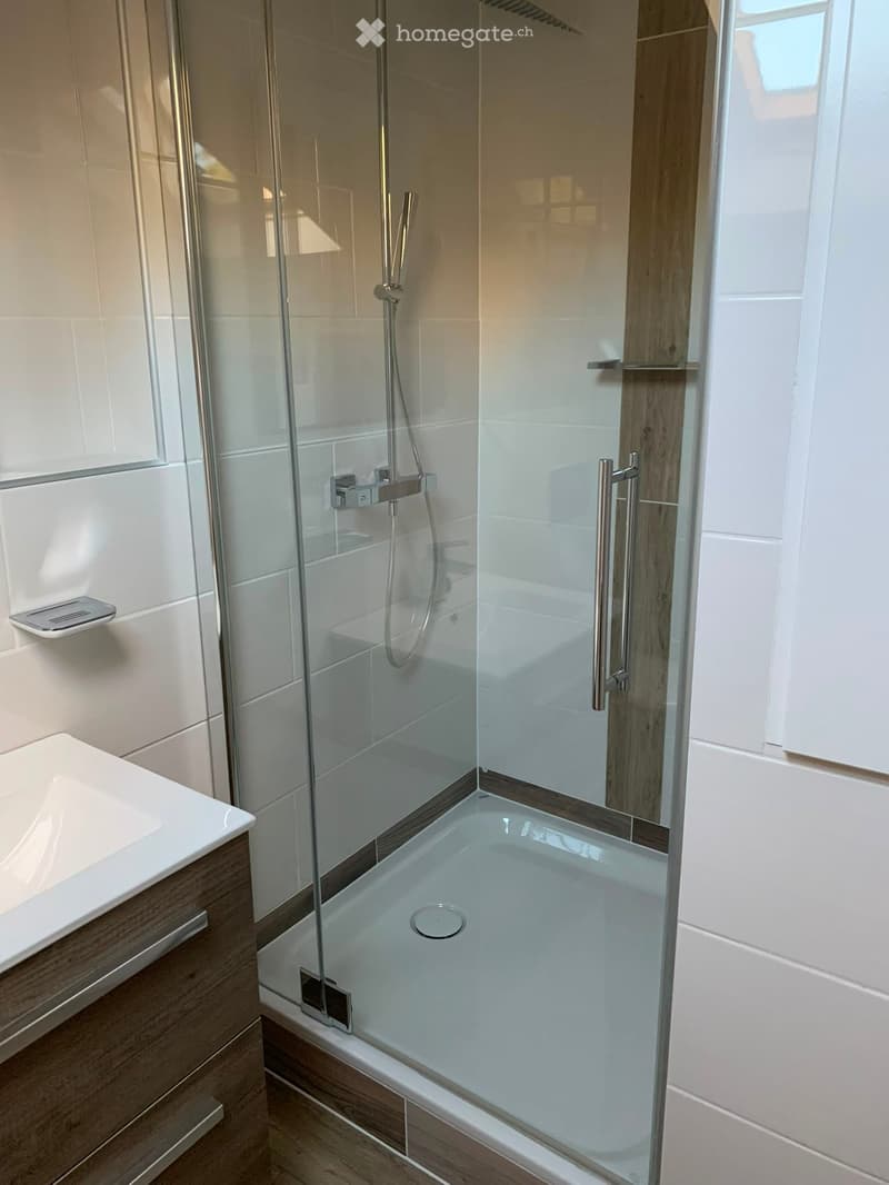 Modern bathroom with a white tiled shower enclosure, a bathtub, a sink with a wooden cabinet, and a glass shower door.