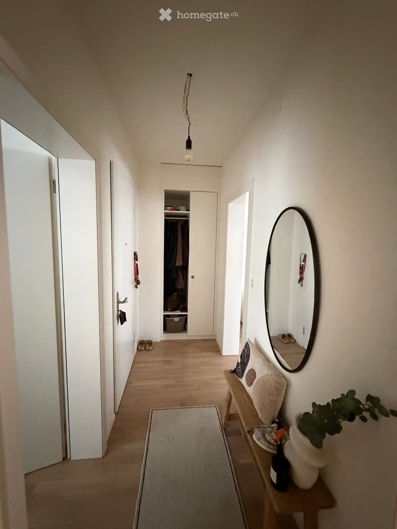 A narrow hallway with light wooden flooring, white walls, and a hanging light fixture. Features include a small bench with a cushion, a potted plant, a mirror, and a closet with clothes visible inside.
