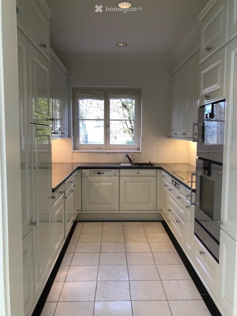 Modern kitchen with light grey cabinets, white tiled floor, and stainless steel appliances including an oven and dishwasher. Features a central window and built-in lighting.