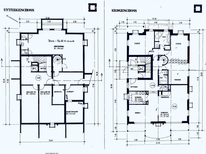 Floor plan of a two-story building showing the basement and ground floor layouts with labeled rooms and dimensions.