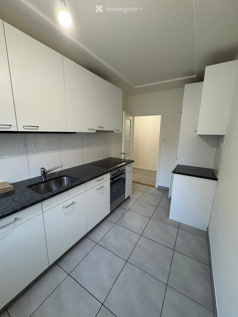 Modern kitchen with white cabinets, black countertops, stainless steel sink, and built-in oven.