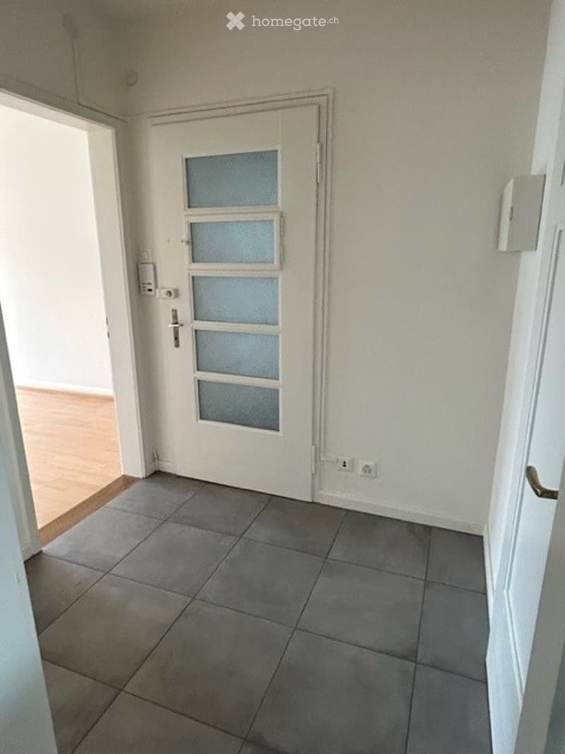 Empty room with grey tiled floor, white walls, and a white door with frosted glass panels.