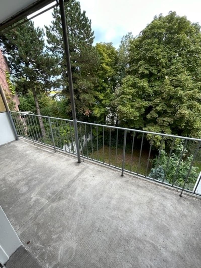 Empty balcony with metal railing, overlooking a green, tree-filled area.